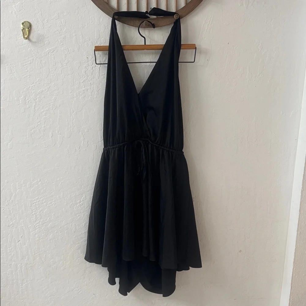 Anthropologie Hutch Black Halter Satin Romper XL Waist Tie Open Back NWT - Picture 4 of 8
